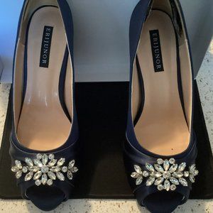 ERIJUNOR Peep Toe Mid Heels for Woman Rhinestones Satin Evening Prom Wedding